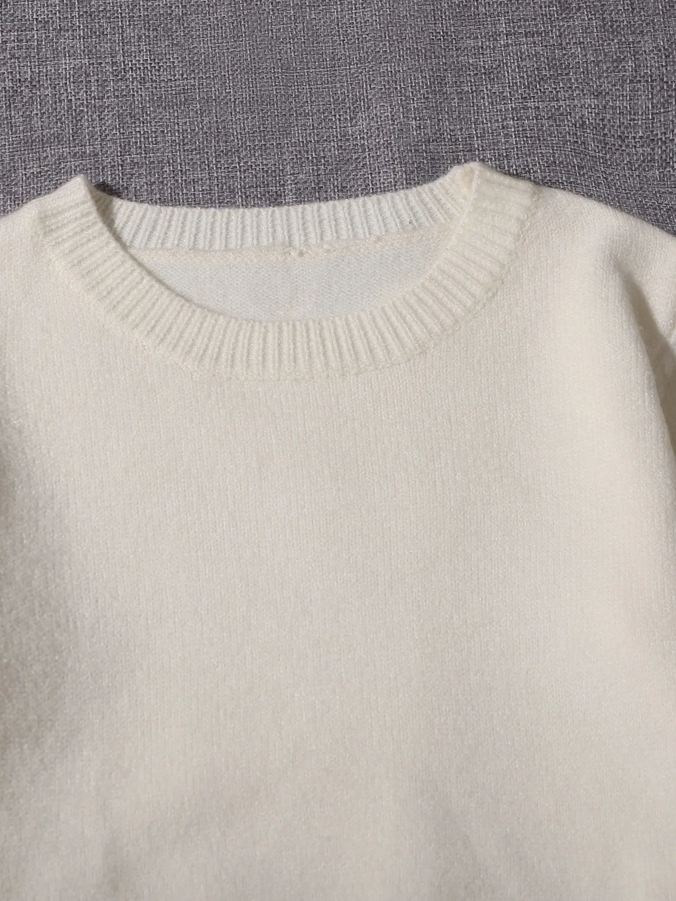 Casual Plain Rib-Knit Long Sleeve Round Neck Crop Women Sweater