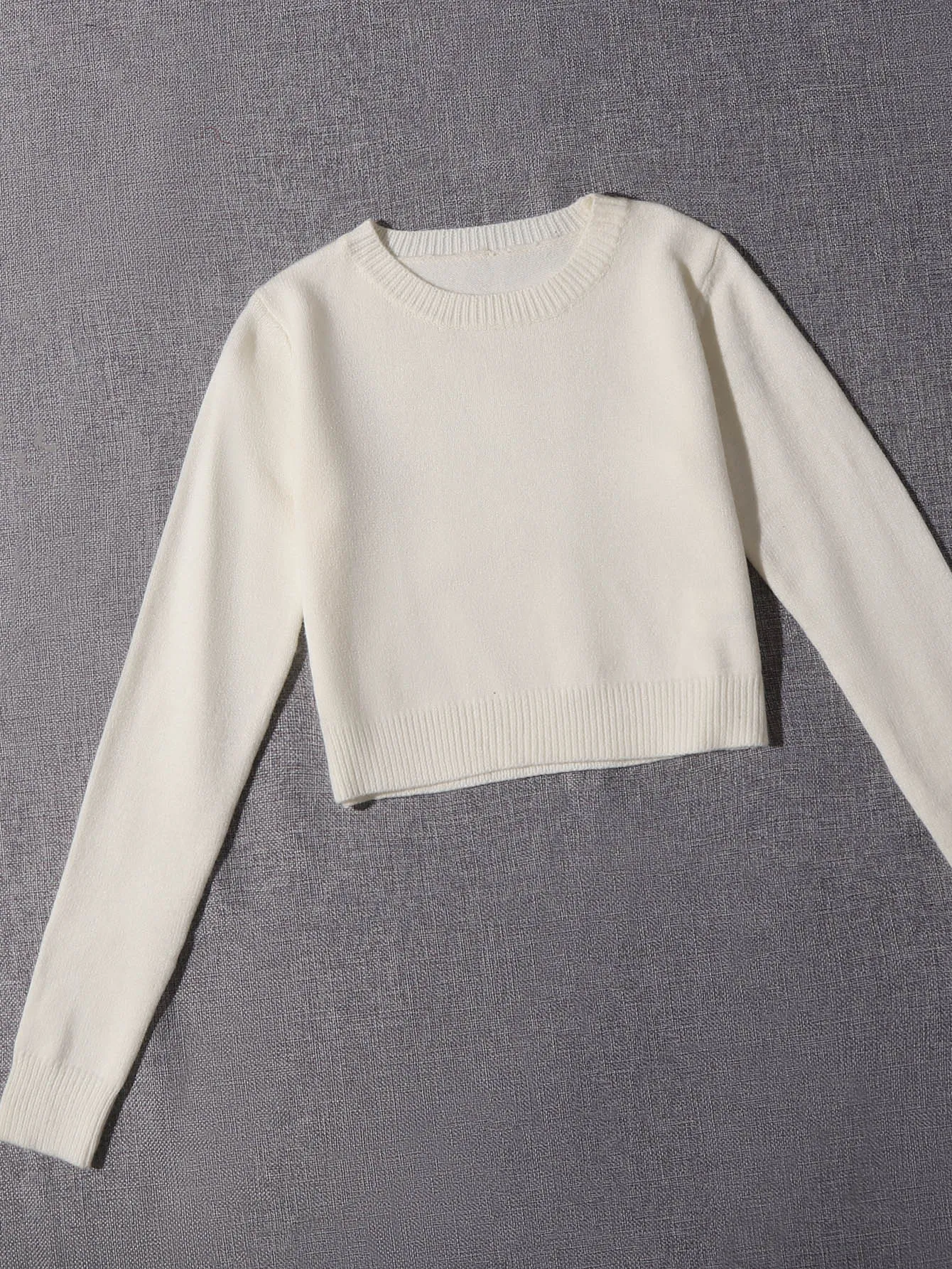 Casual Plain Rib-Knit Long Sleeve Round Neck Crop Women Sweater