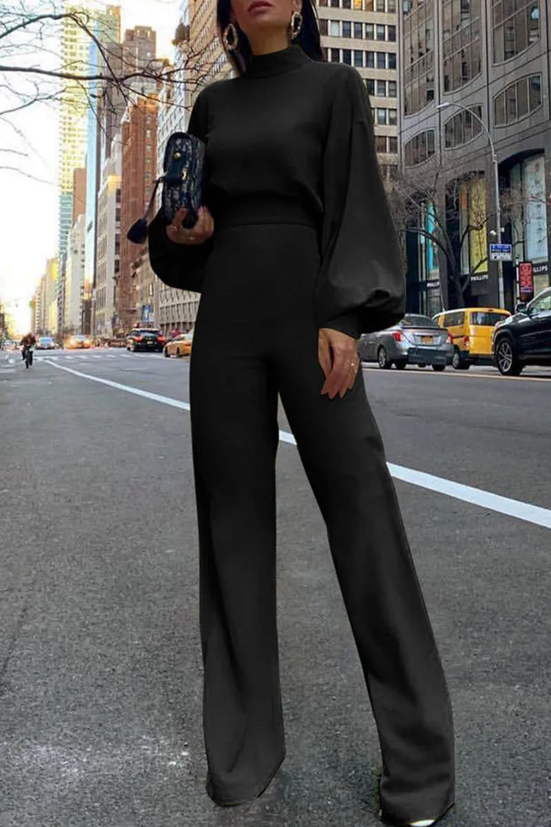 Casual Solid Color Half A Turtleneck Straight Jumpsuits(3 Colors)