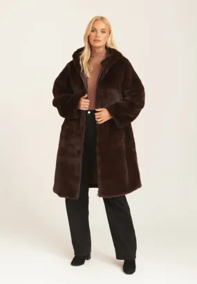 Chocolate Faux Fur Hooded Longline Coat