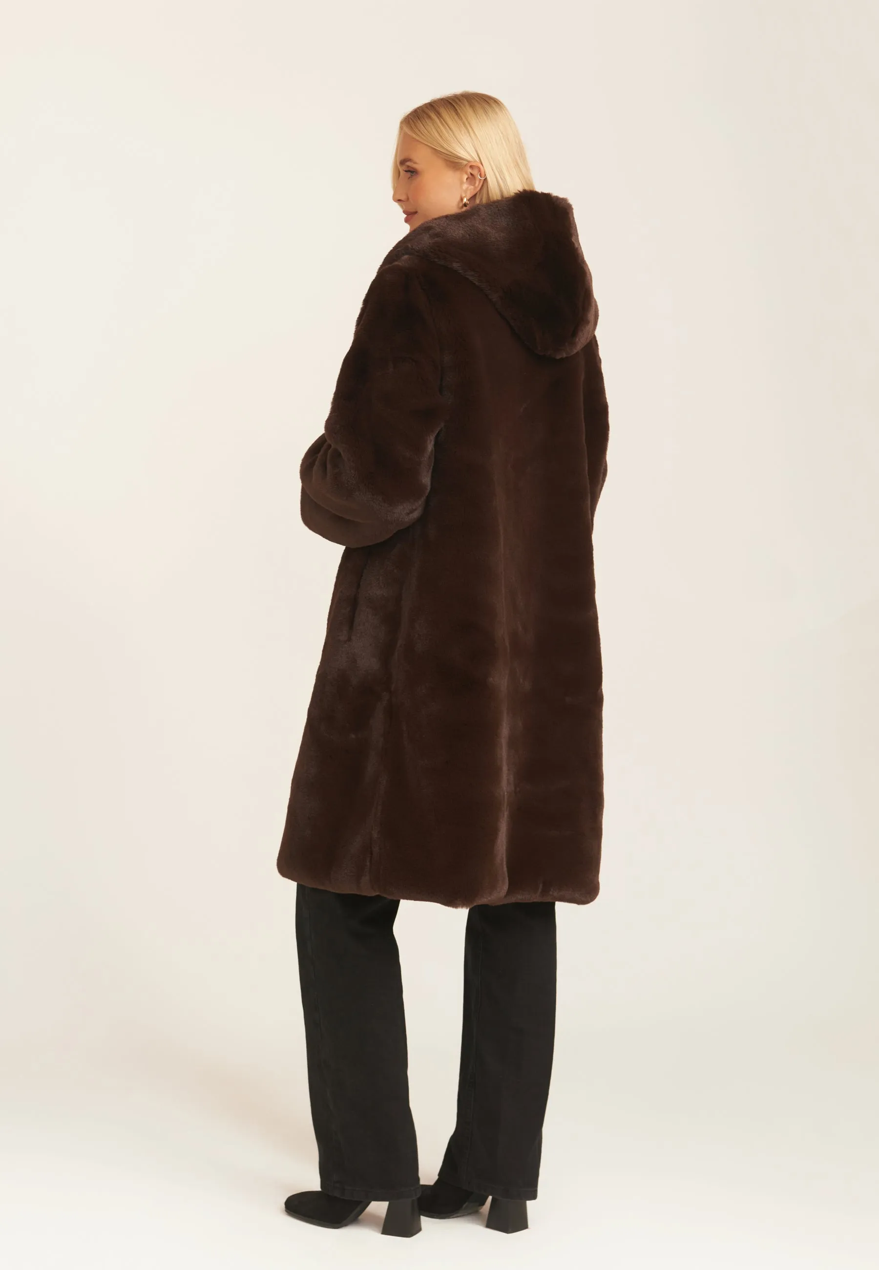 Chocolate Faux Fur Hooded Longline Coat