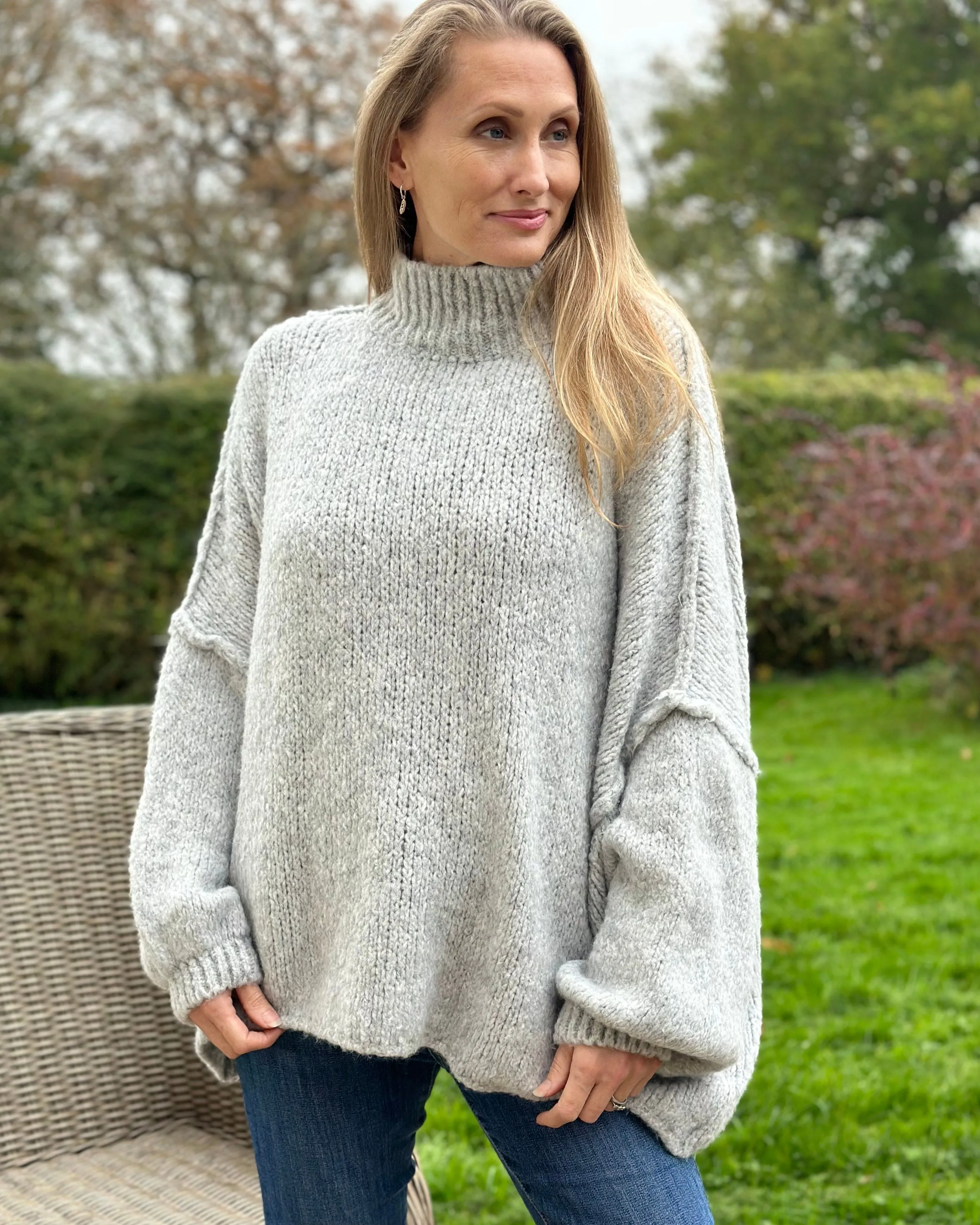 Chunky Knit Balloon Sleeve Jumper - Silver Grey