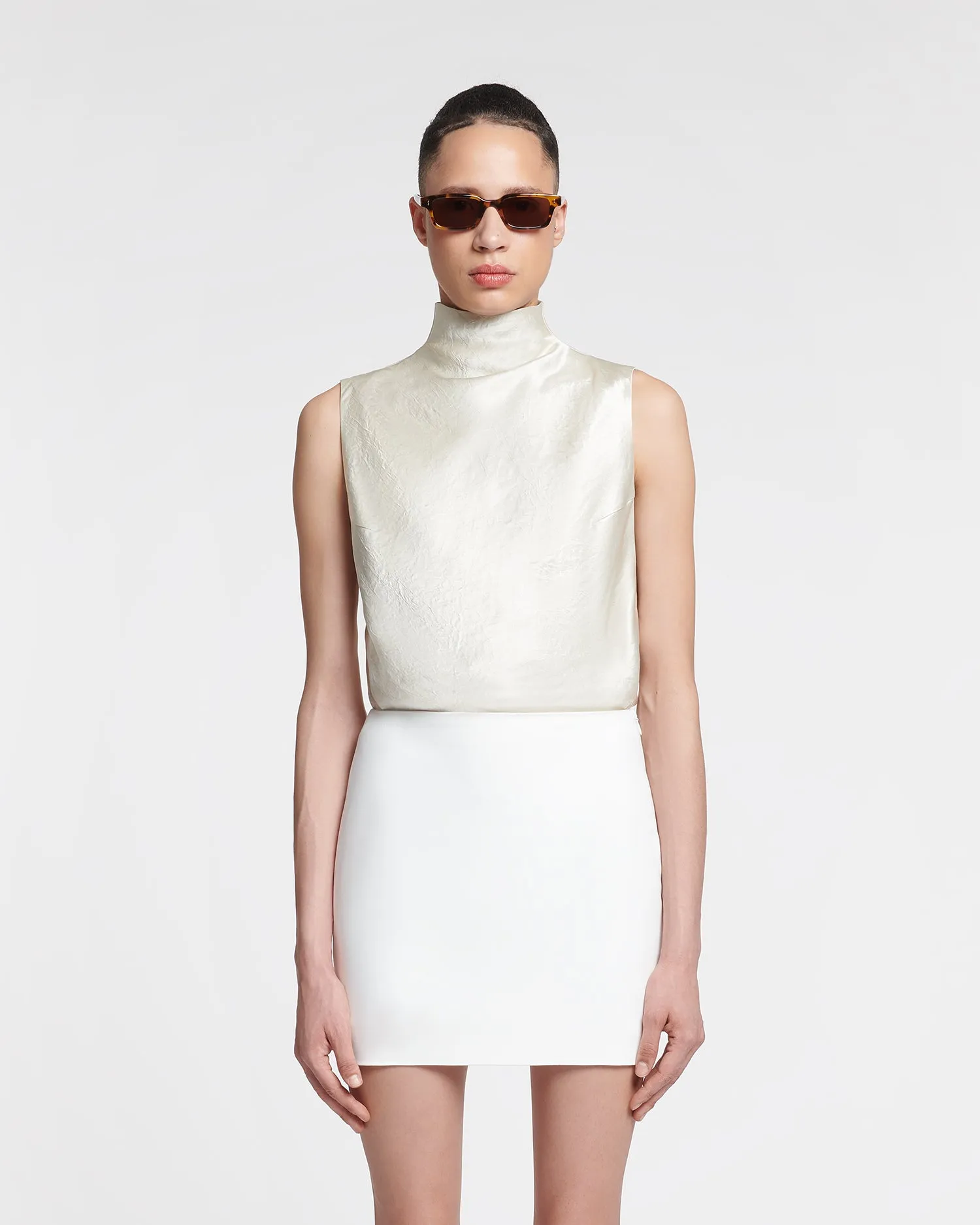 Colson - Crinkled-Satin Turtleneck Top - Ecru