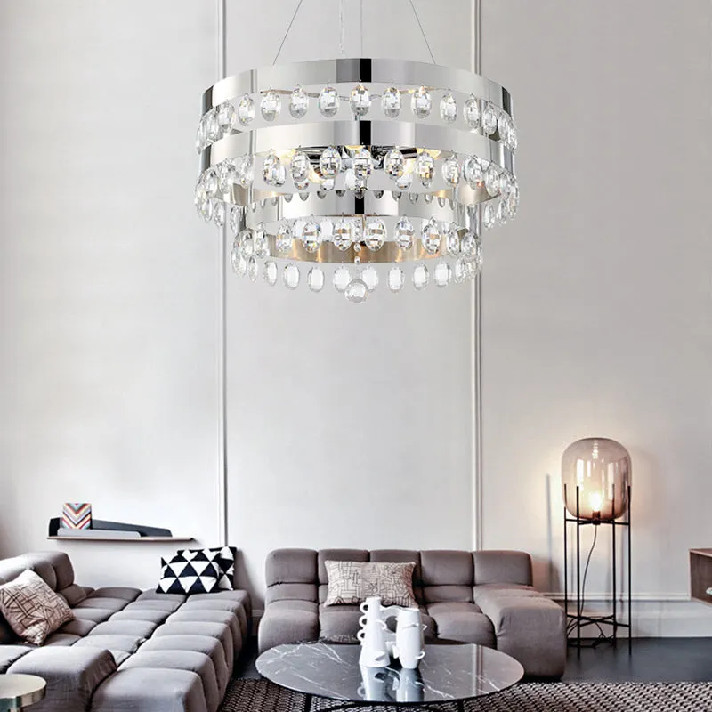 Contemporary Silver Chandelier Pendant - Crystal Multi-Layer Suspension Lamp, 5 Lights - Ideal for Living Room