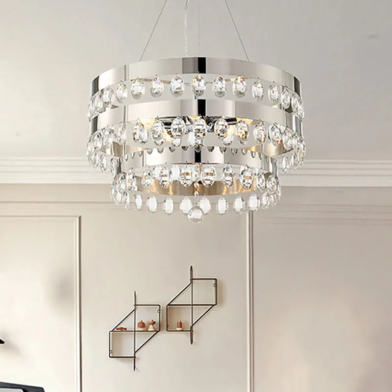 Contemporary Silver Chandelier Pendant - Crystal Multi-Layer Suspension Lamp, 5 Lights - Ideal for Living Room