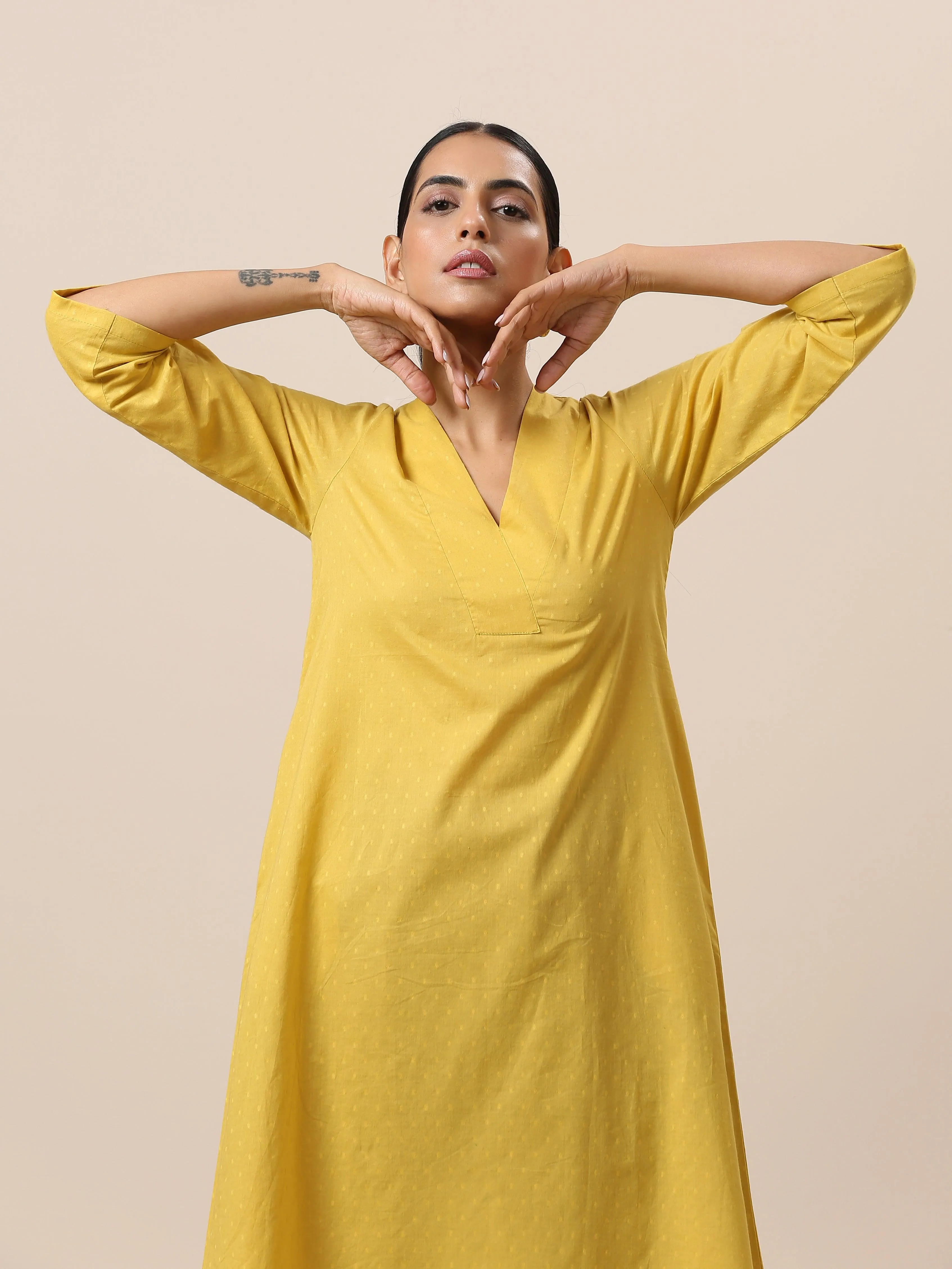 Cotton Dobby Yellow Kurta Pant Set