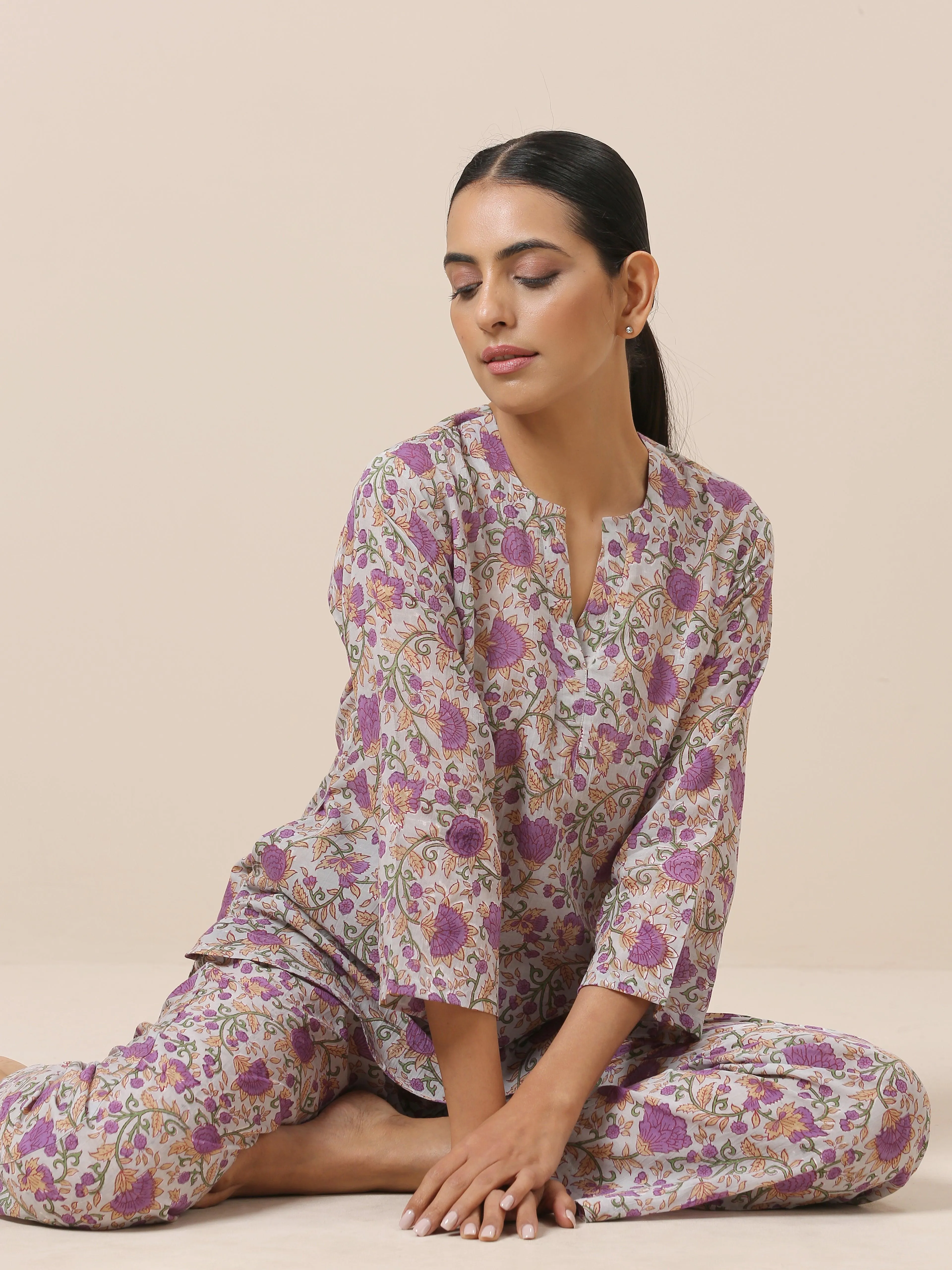 Cotton Hand Block Printed Purple Co-Ord Set