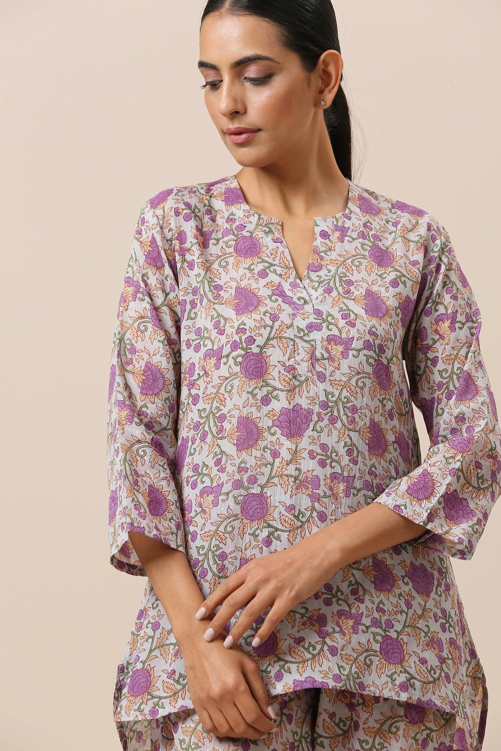 Cotton Hand Block Printed Purple Co-Ord Set