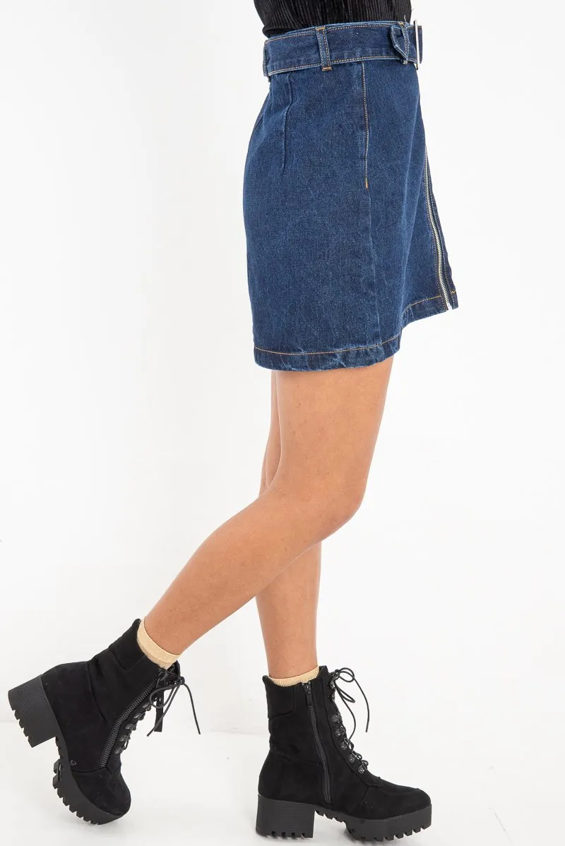 Dark Wash Belted Denim Mini Skirt - Espen