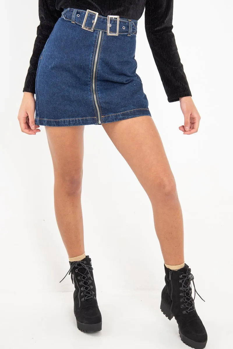 Dark Wash Belted Denim Mini Skirt - Espen