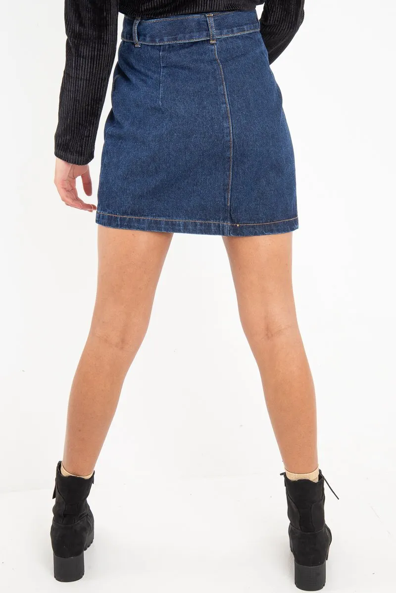 Dark Wash Belted Denim Mini Skirt - Espen