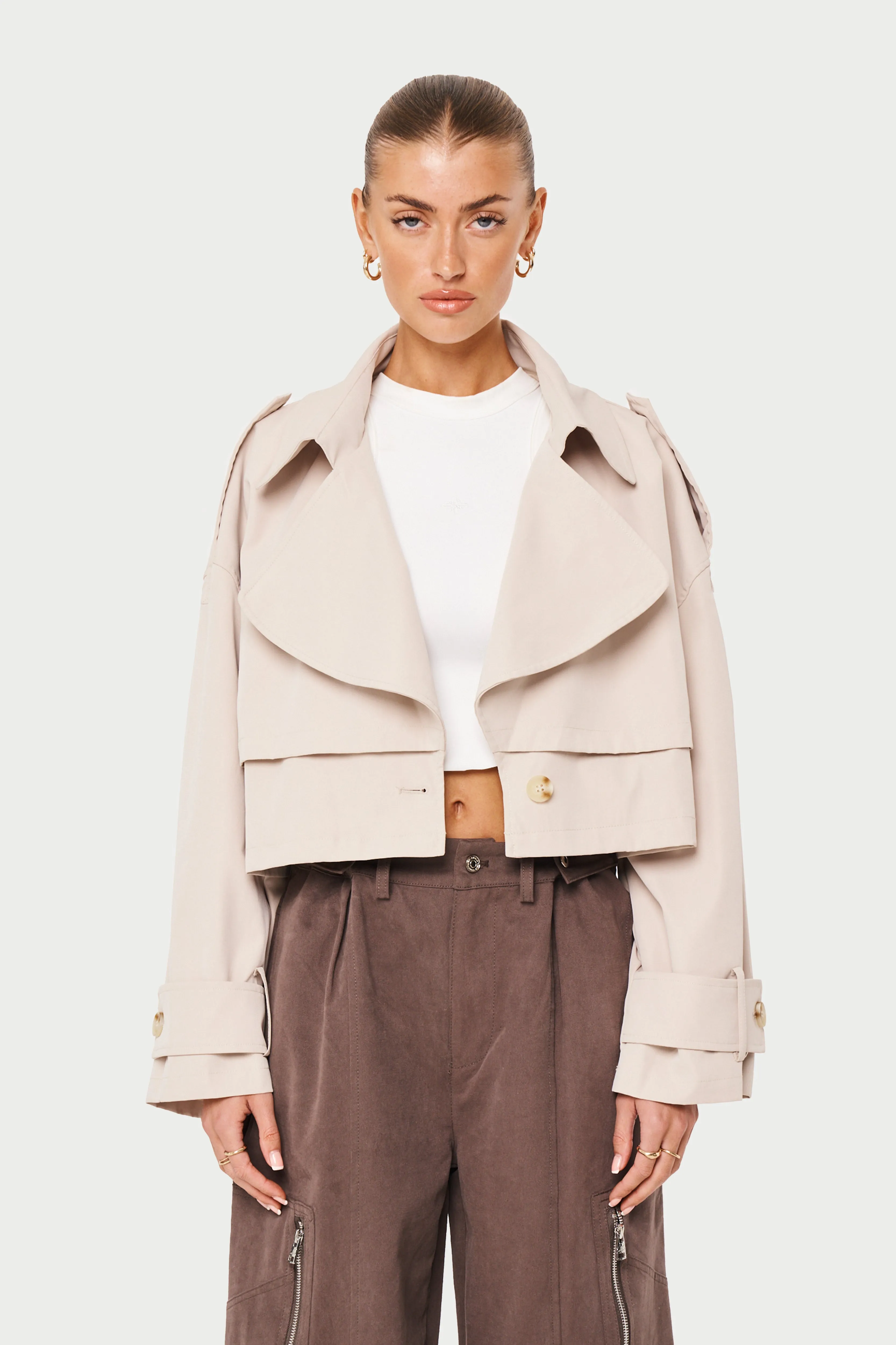 DOUBLE LAYER CROPPED TRENCH COAT - BEIGE