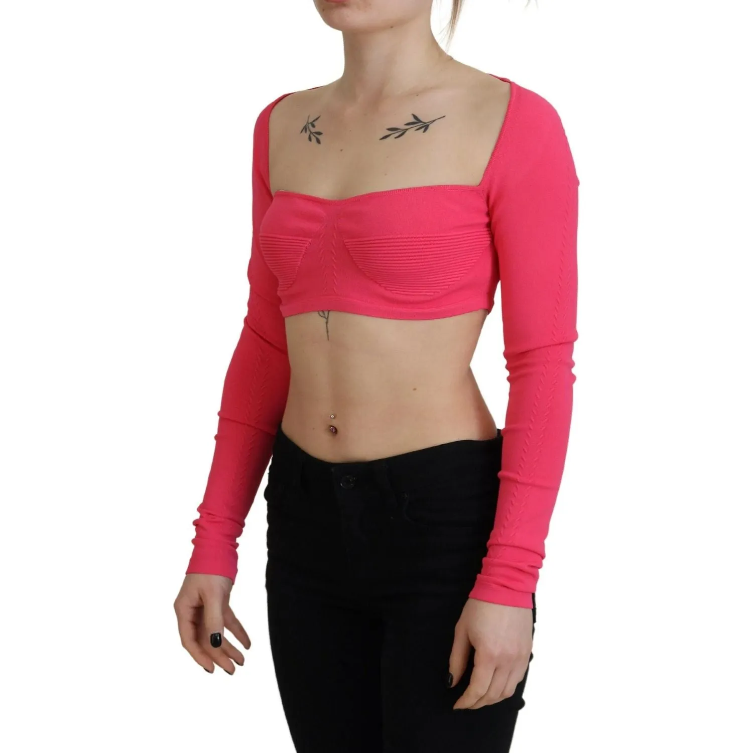 Dsquared² Pink Viscose Knit Square Neck Long Sleeves Top