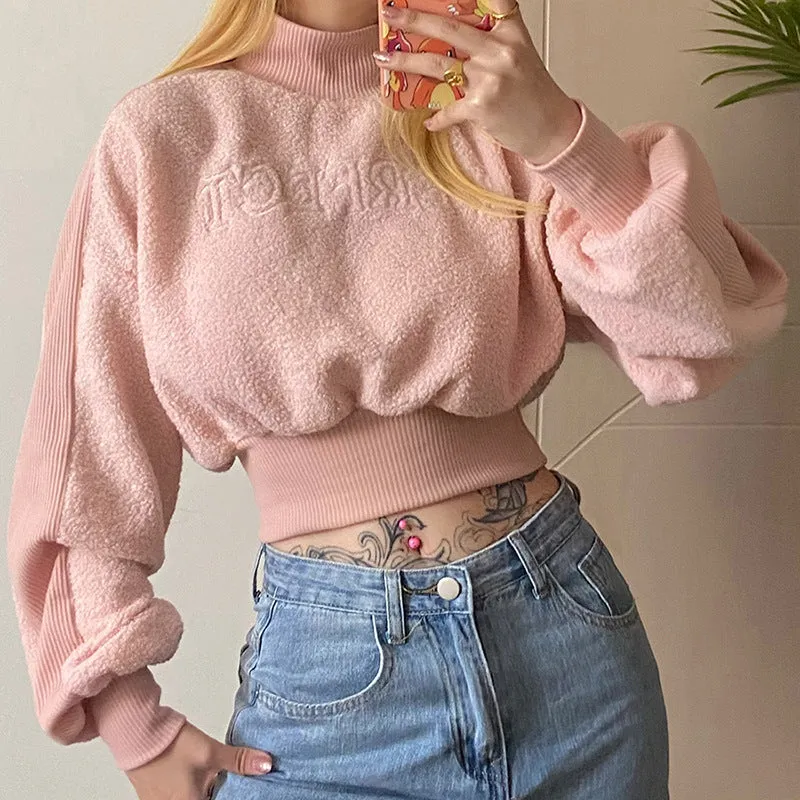 European 2021 high collar jersey sweatshirt splicing rib fabric kawaii crop top for girls