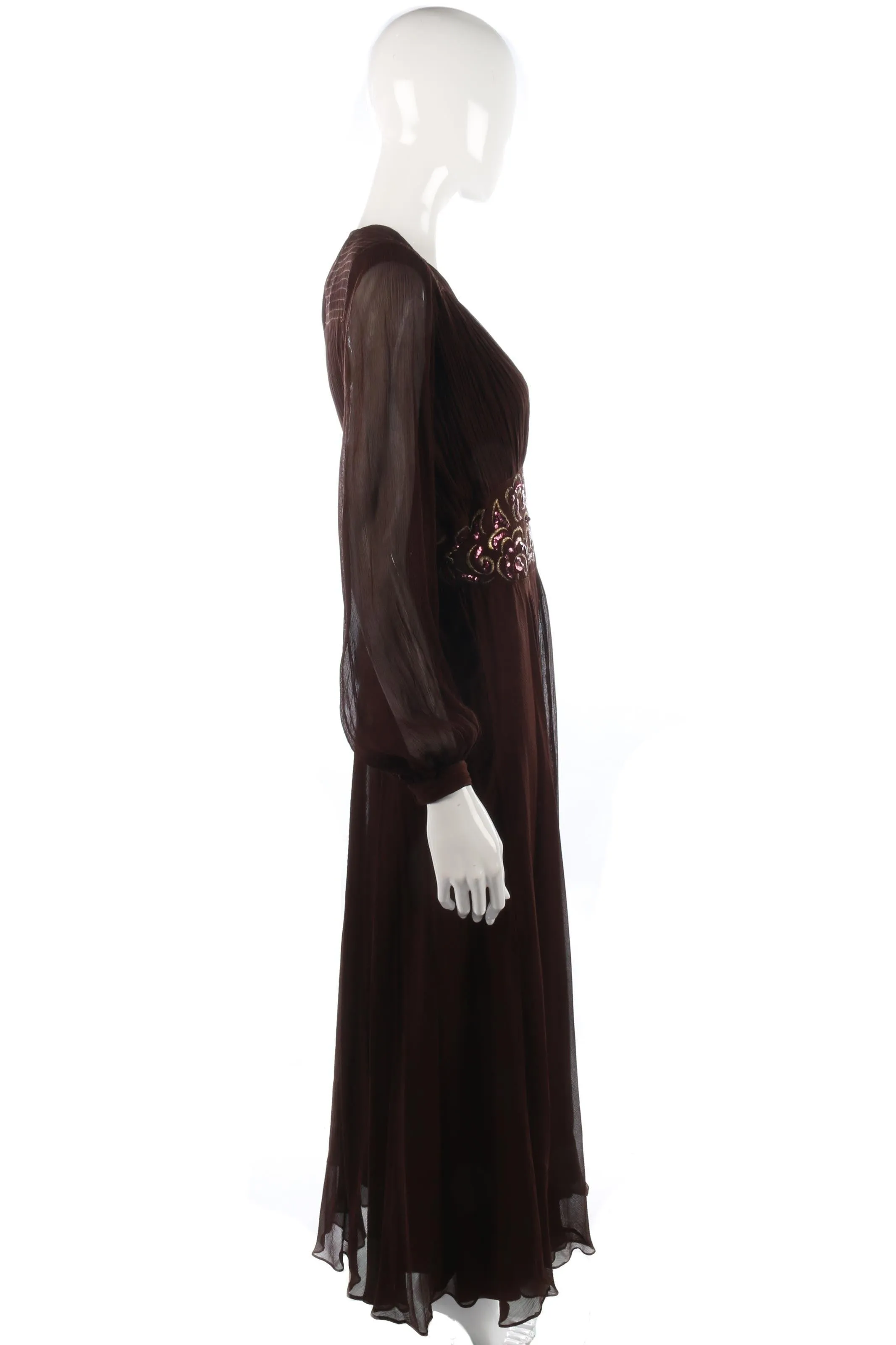 Fabulous silk chiffon brown vintage dress with sequin waist size S