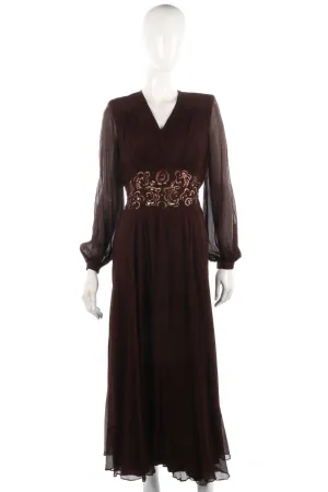 Fabulous silk chiffon brown vintage dress with sequin waist size S