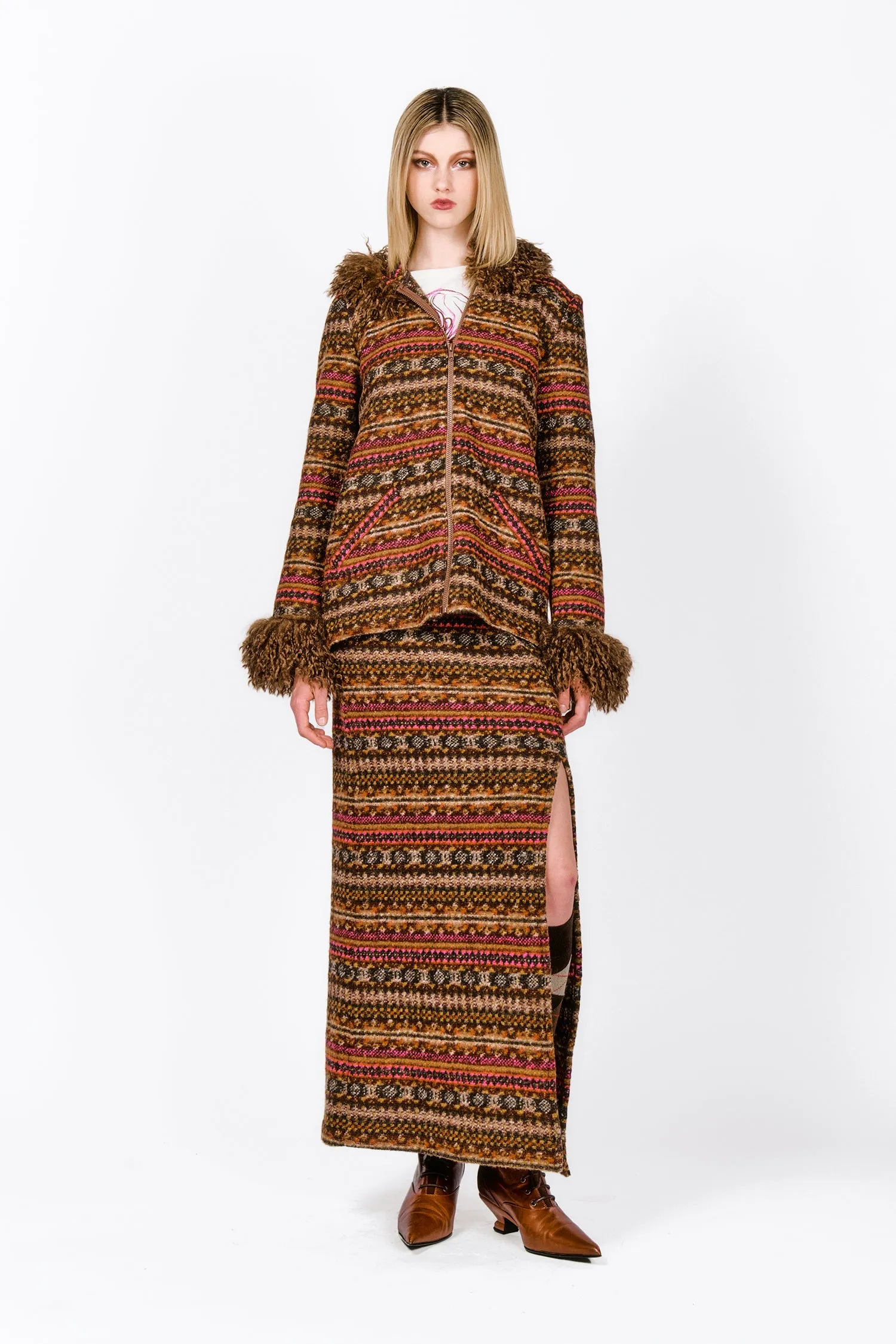 Fair Isle Fleece Maxi Skirt with Slit