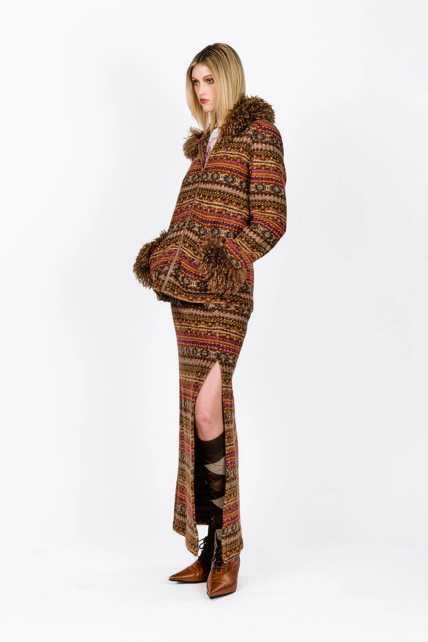 Fair Isle Fleece Maxi Skirt with Slit