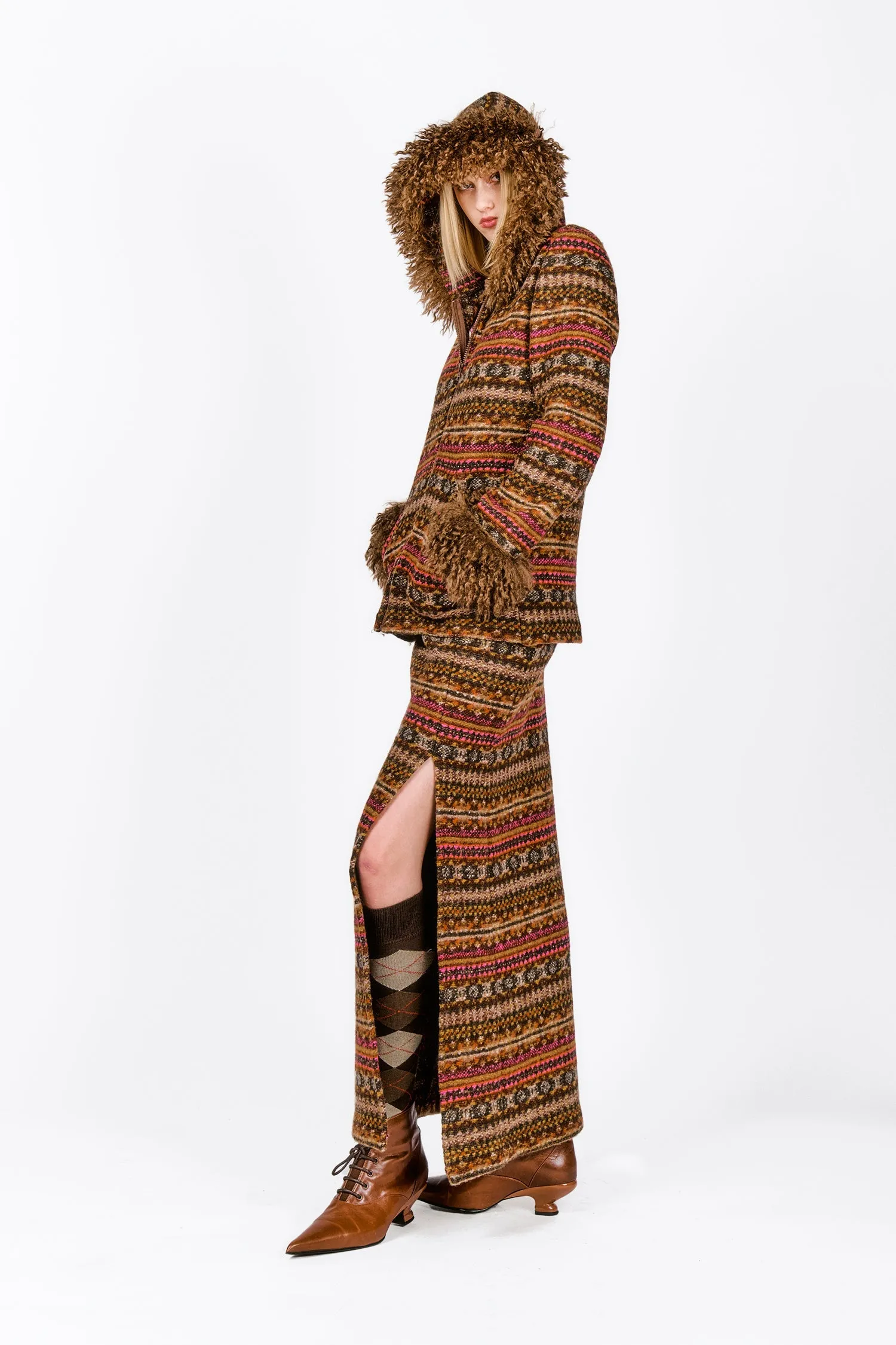 Fair Isle Fleece Maxi Skirt with Slit