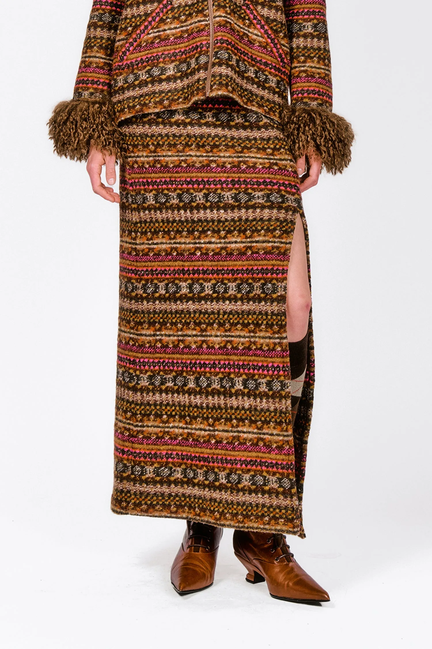 Fair Isle Fleece Maxi Skirt with Slit