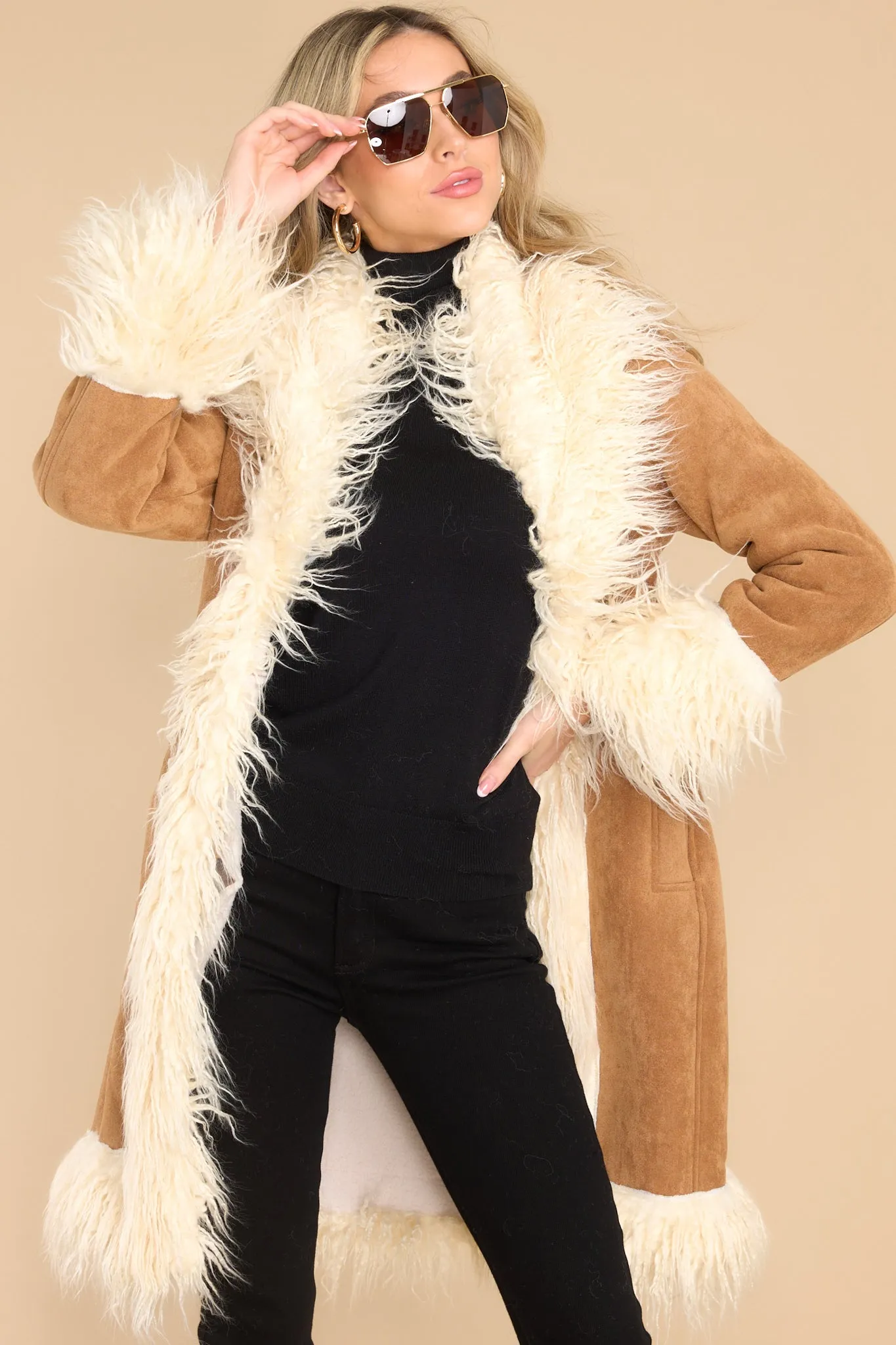 Fame Story Faux Fur Tan Afghan Coat