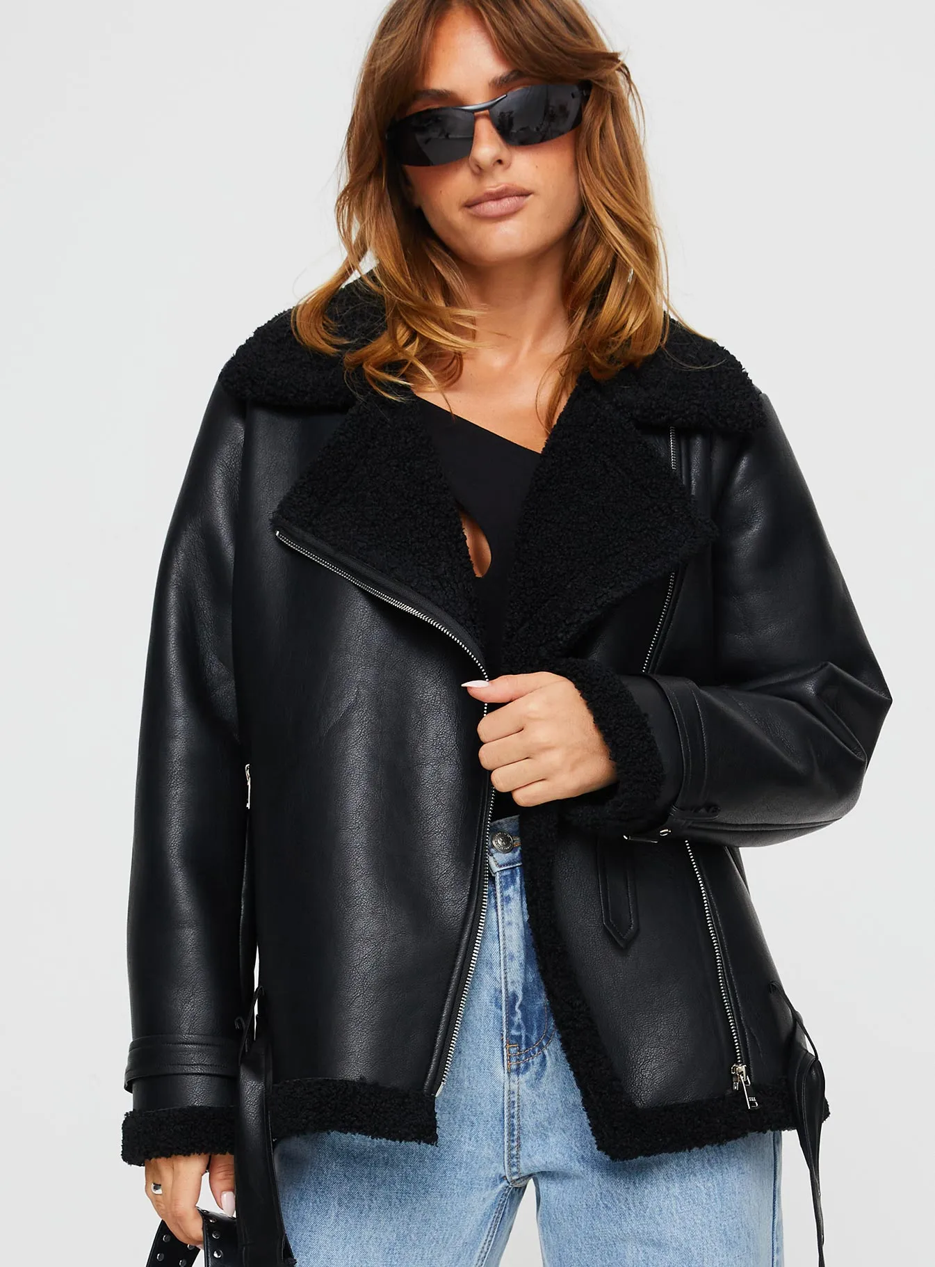 Fashionkova Maudie Shearling Faux Leather Jacket Black