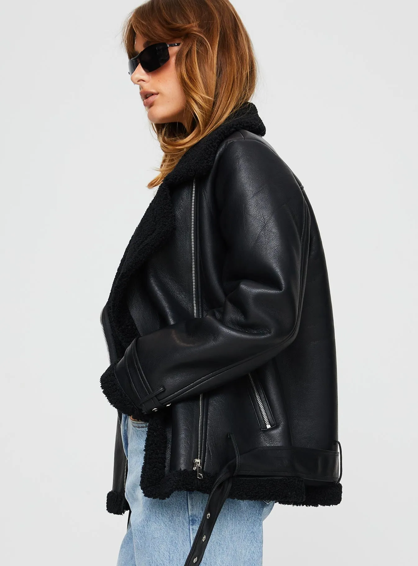 Fashionkova Maudie Shearling Faux Leather Jacket Black