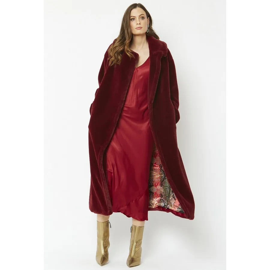 Faux Fur Maxi Coat in Burgundy