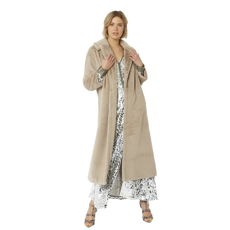 Faux Fur Maxi Coat in Grey Mocha