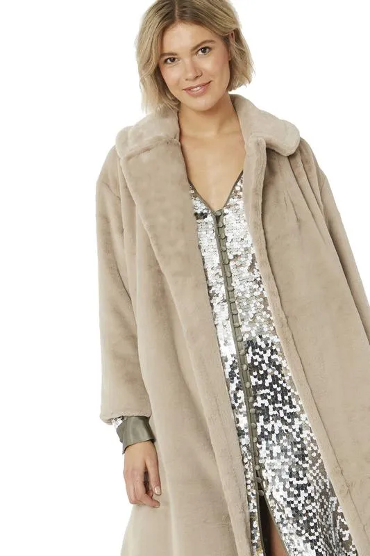 Faux Fur Maxi Coat in Grey Mocha