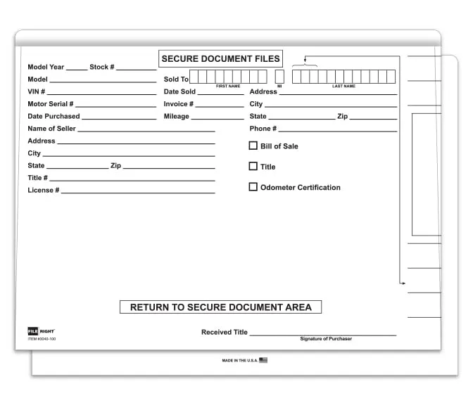 File Right Color Code Deal Jackets - Durable 10-Point Stock, Pre-Printed with Essential Sale INFO, Highly Visible VIN, Top-Opening Design - Efficient Vehicle Sale Documentation