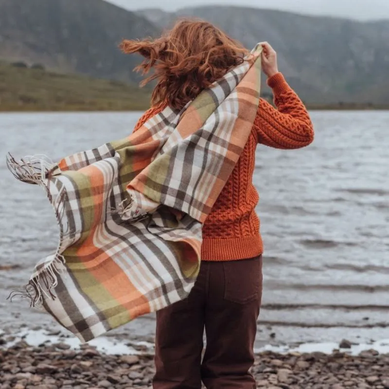 Fine Merino Oversized Scarf - Cream, Orange and Green plaid - John Hanly