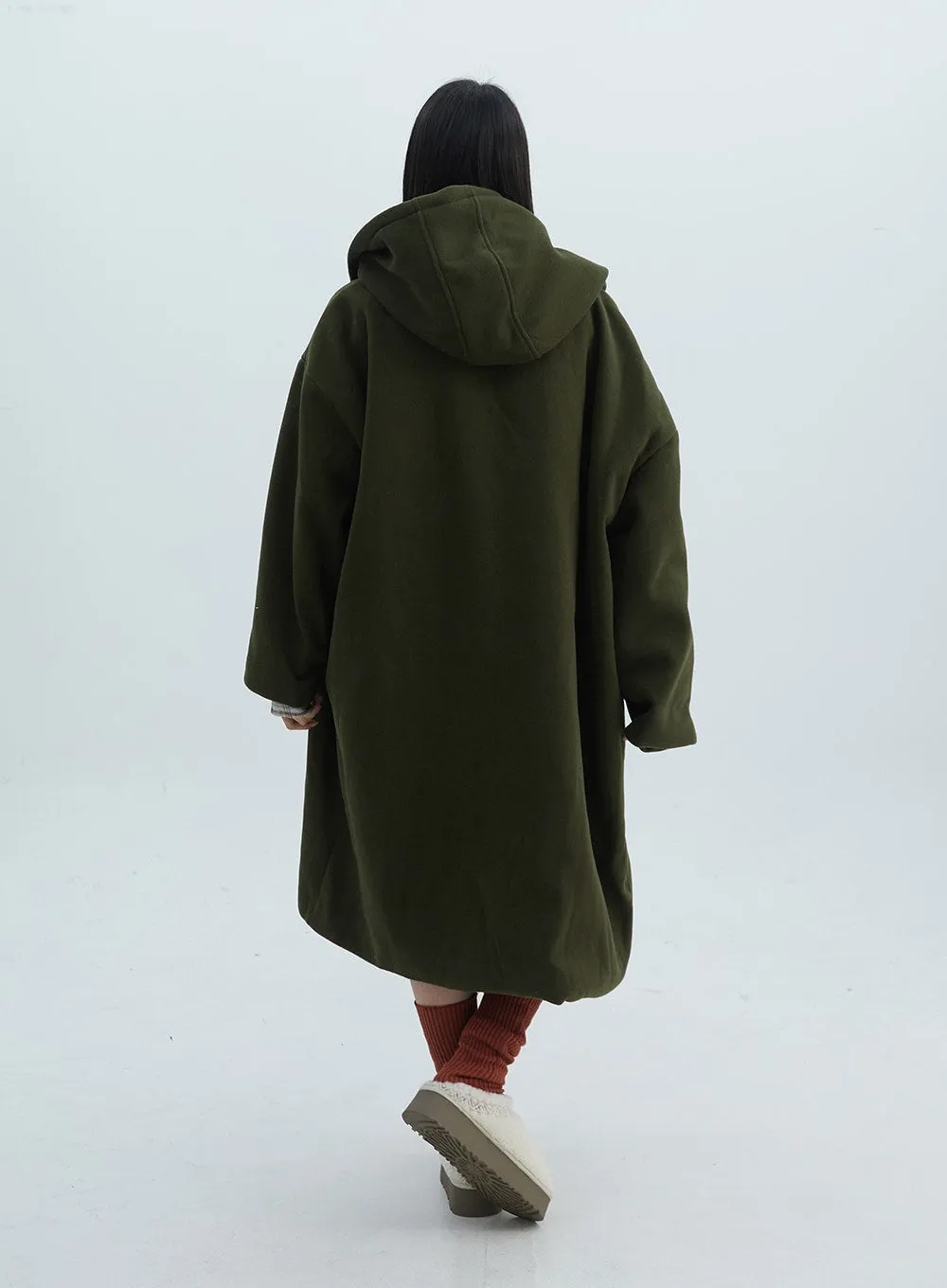 Fleece Buttoned Hoodie Maxi Coat ON314