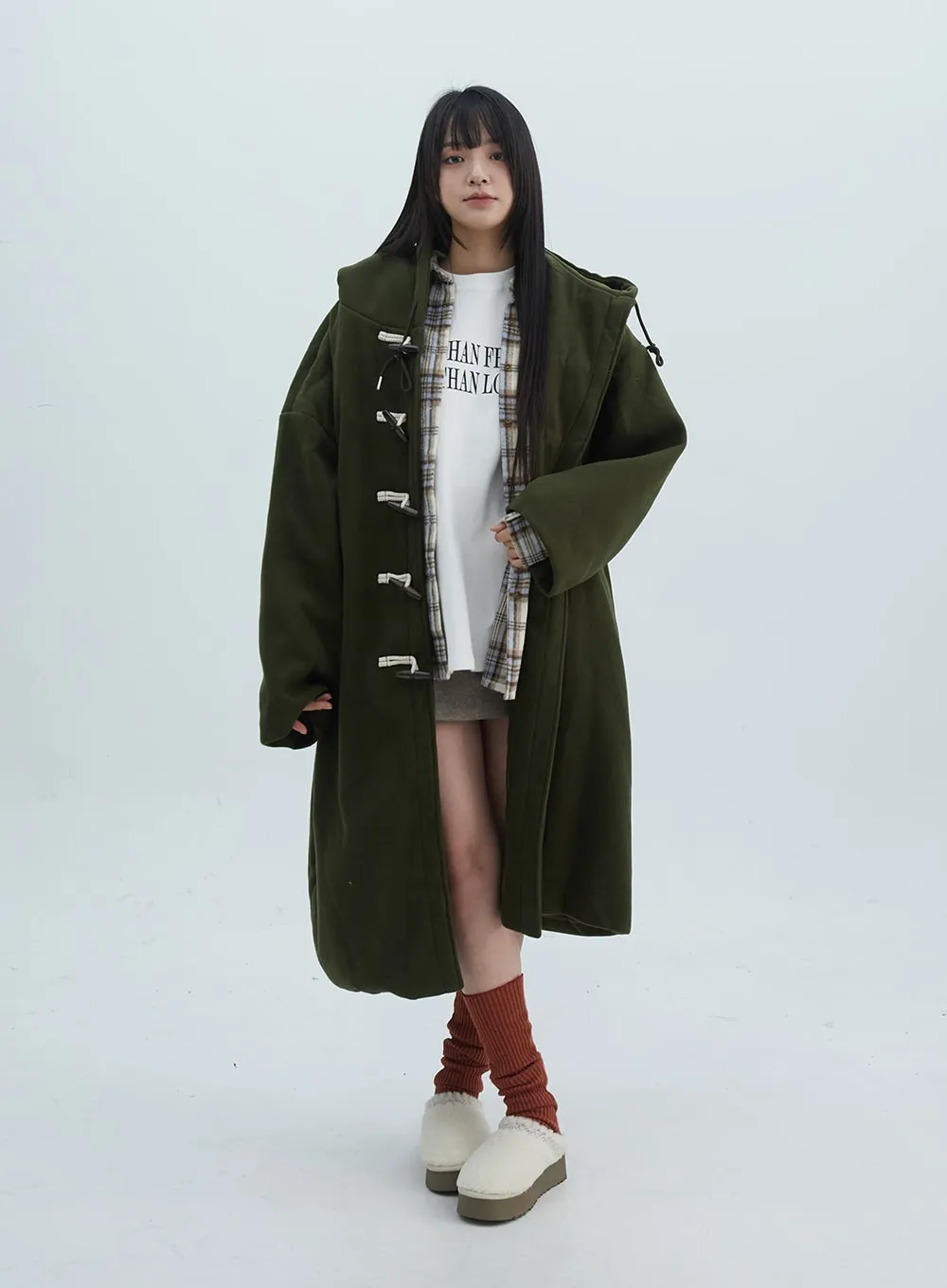 Fleece Buttoned Hoodie Maxi Coat ON314