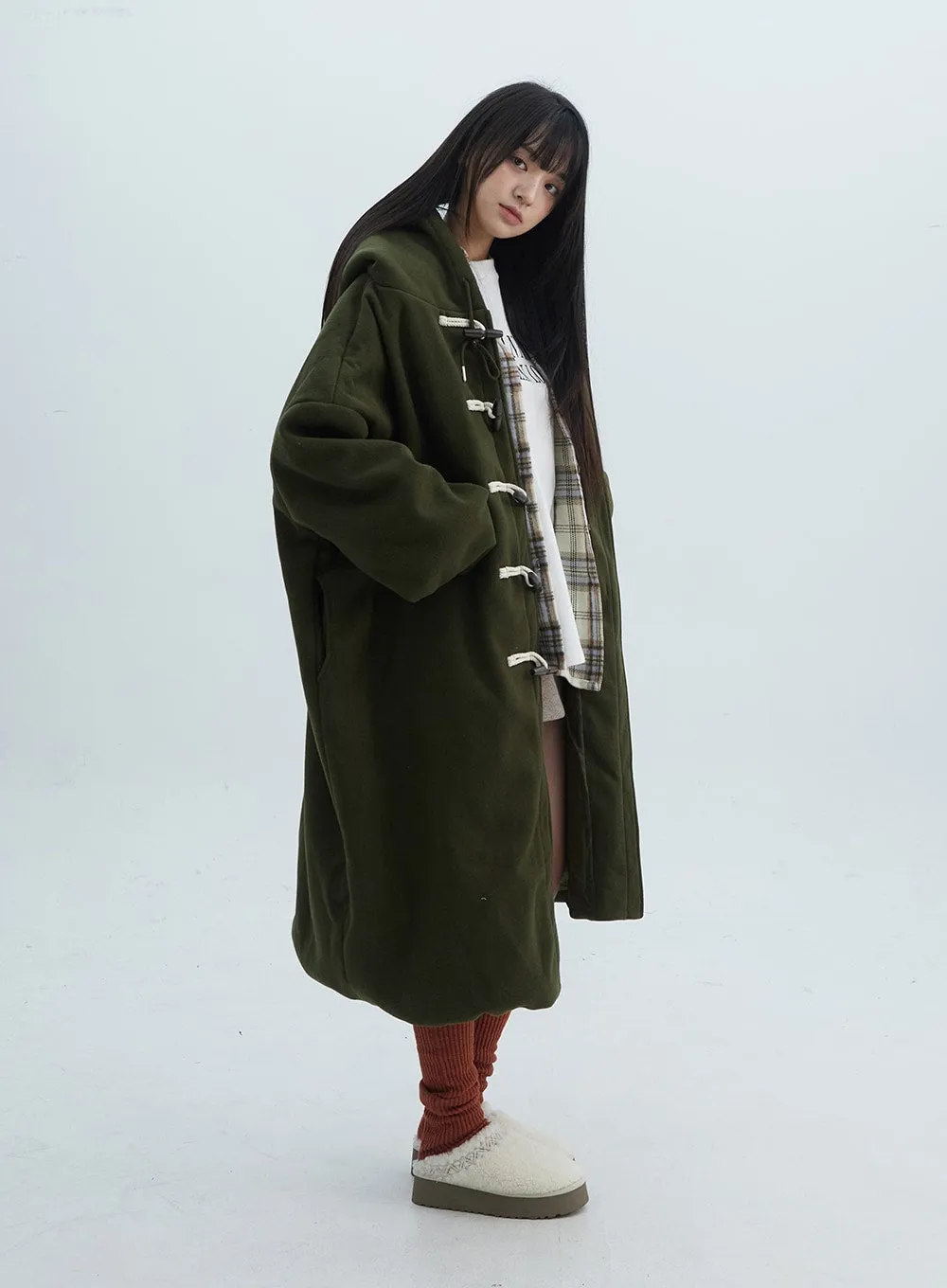 Fleece Buttoned Hoodie Maxi Coat ON314