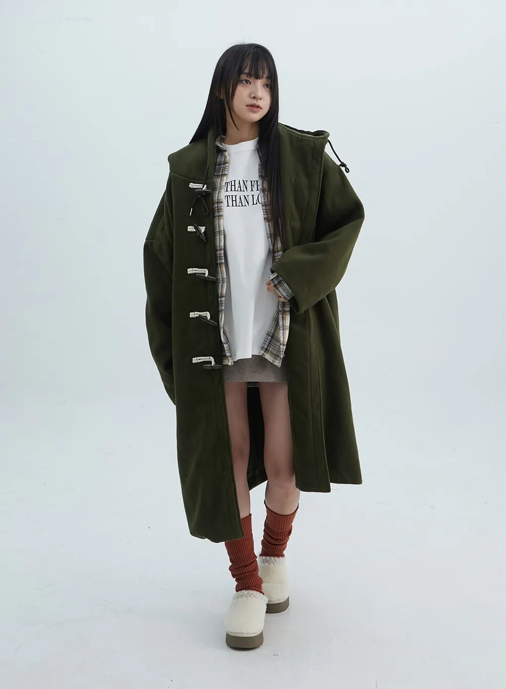 Fleece Buttoned Hoodie Maxi Coat ON314