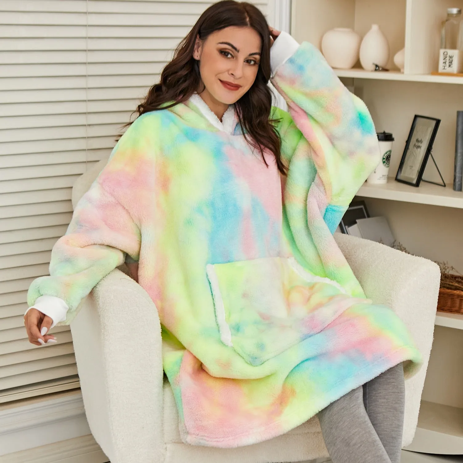 'Fluffie' Tie Dye Print Giant Hoodie with Sherpa Lining