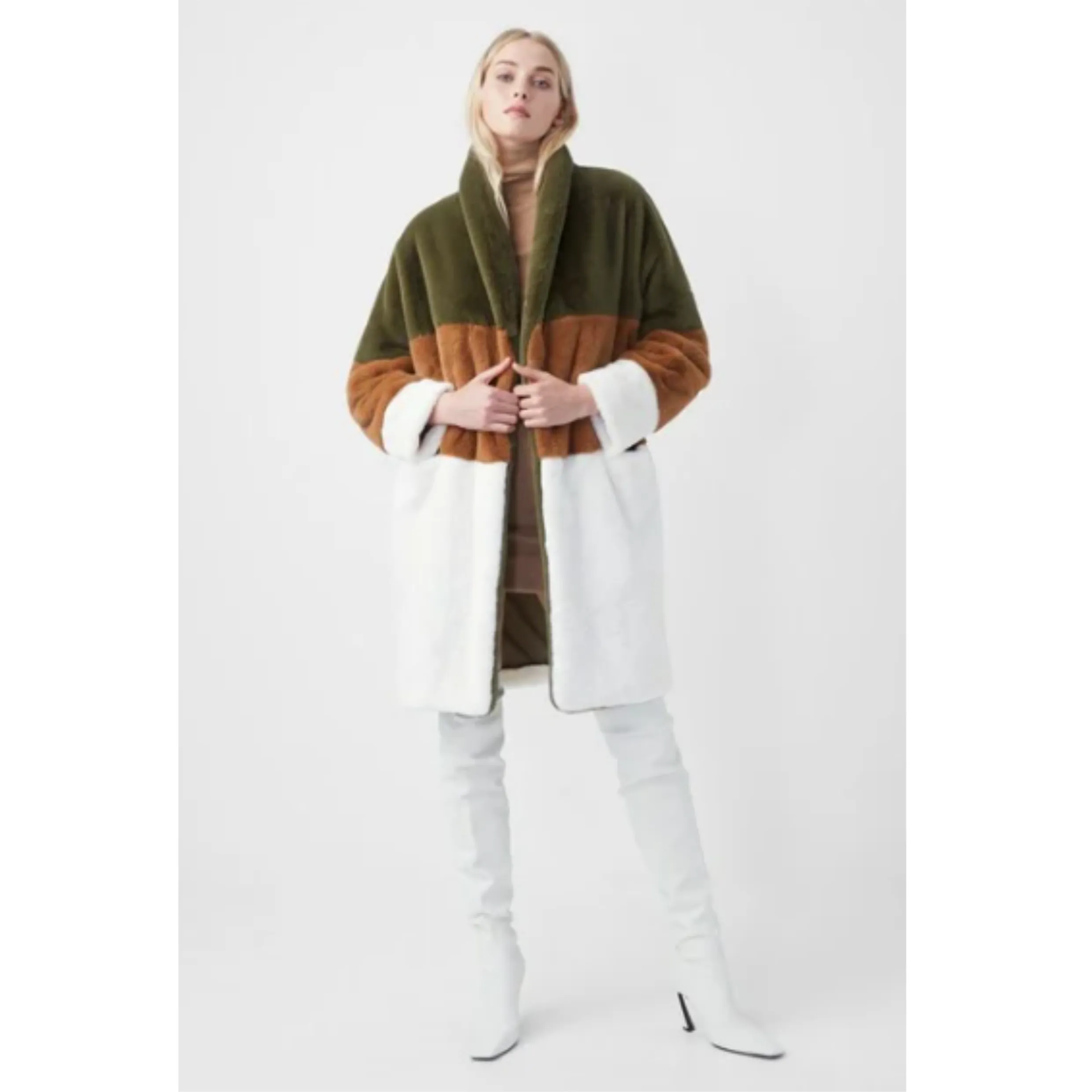 French Connection Loden Colourblock Faux Fur Coat 70RAD