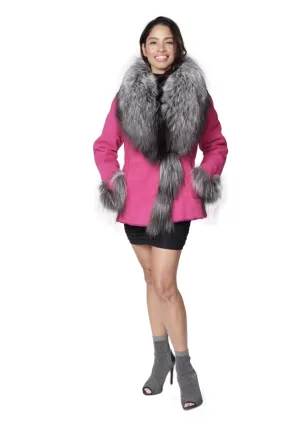 Fuchsia Shearling Jacket with Silver Fox Color Tuxedo & Cuffs