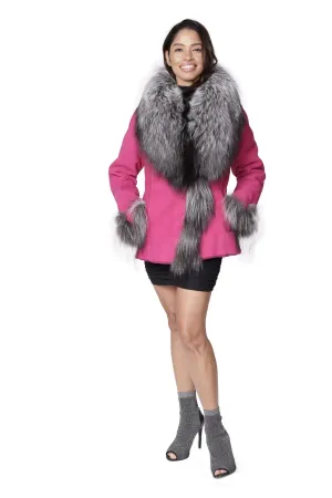 Fuchsia Shearling Jacket with Silver Fox Color Tuxedo & Cuffs