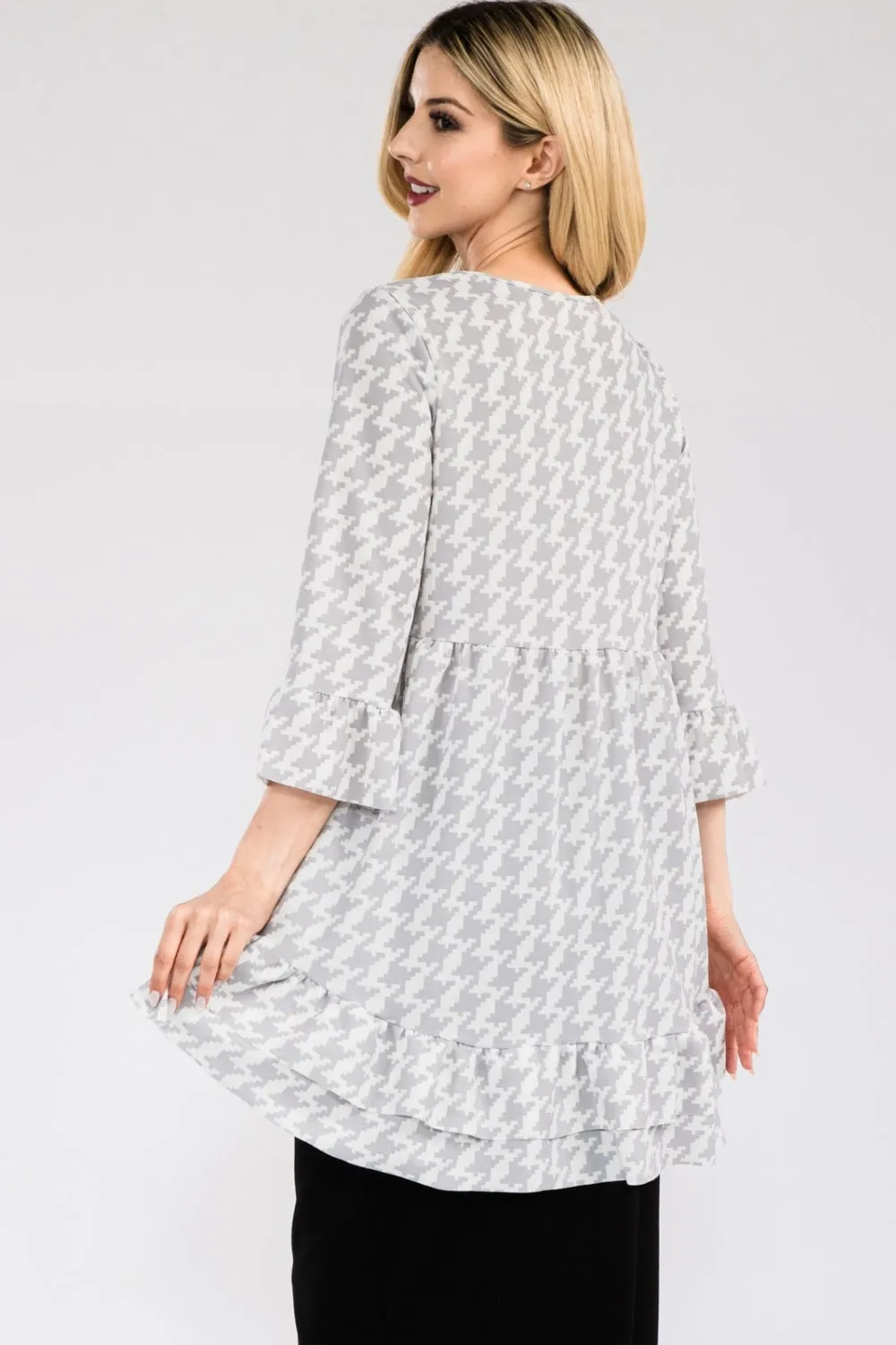 Full Size Houndstooth Flounce Sleeve High-Low Top