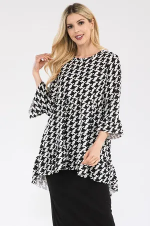 Full Size Houndstooth Flounce Sleeve High-Low Top