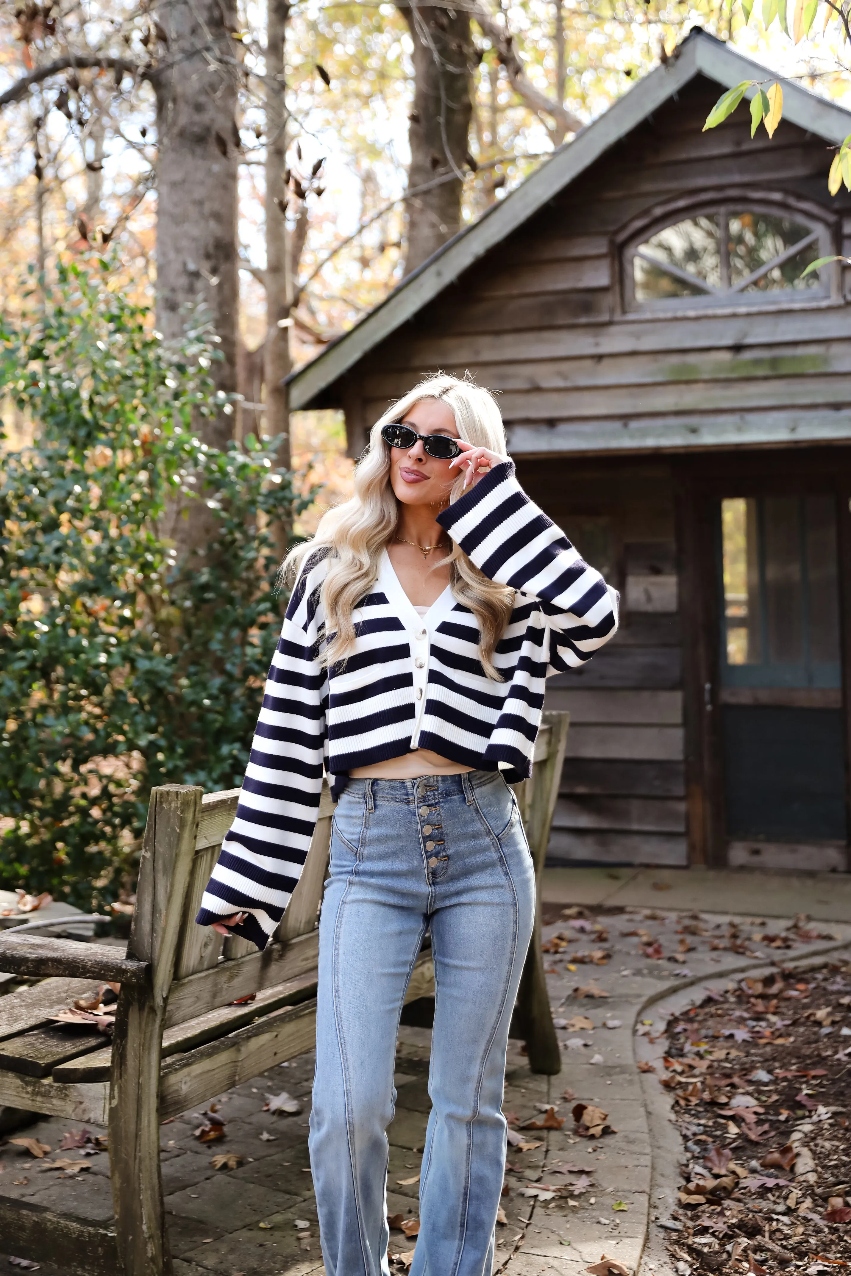 Genuine Charm Navy Striped Cropped Sweater Cardigan