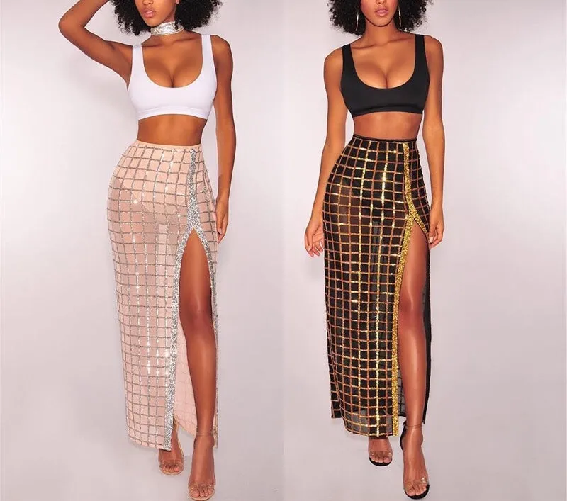 glitter cage side split maxi skirt & crop top 2 piece set