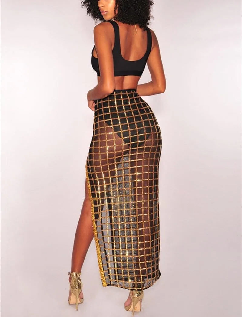 glitter cage side split maxi skirt & crop top 2 piece set