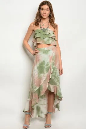 Green and Taupe Tie Dye Crop Top and Maxi Skirt Set