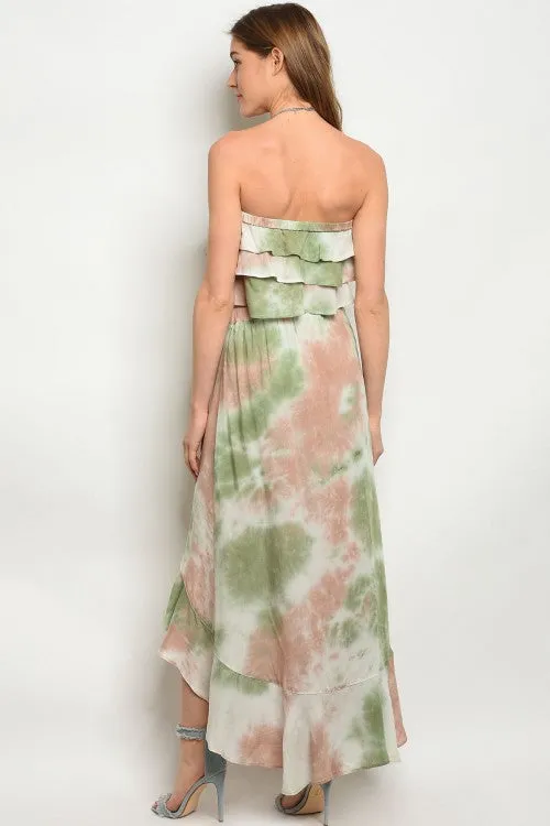 Green and Taupe Tie Dye Crop Top and Maxi Skirt Set