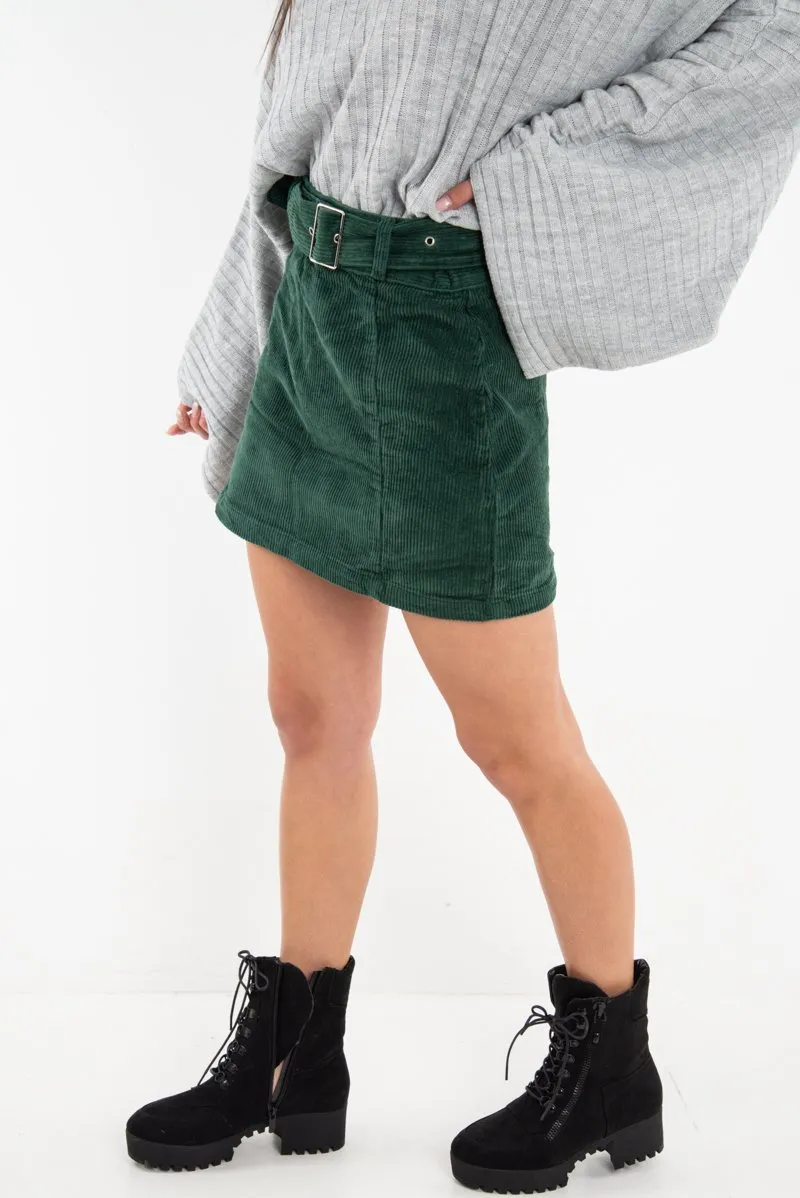 Green Corduroy Belted Mini Skirt - Mariel