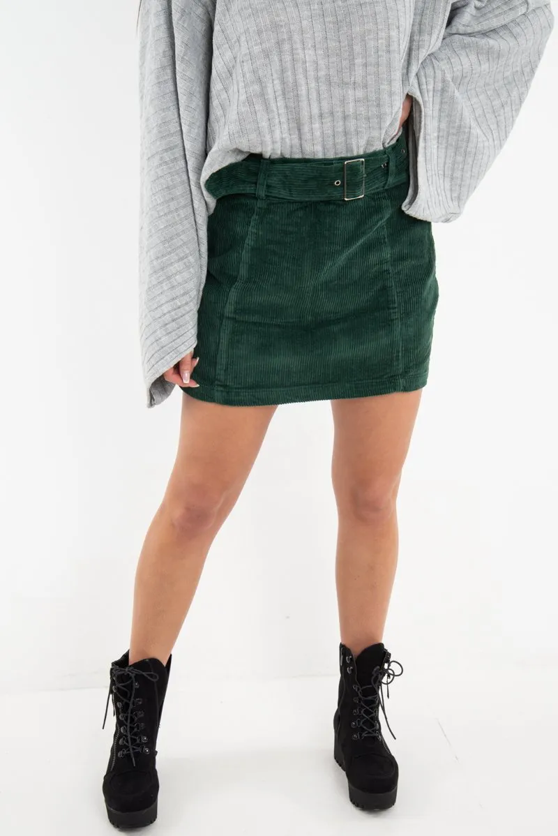 Green Corduroy Belted Mini Skirt - Mariel