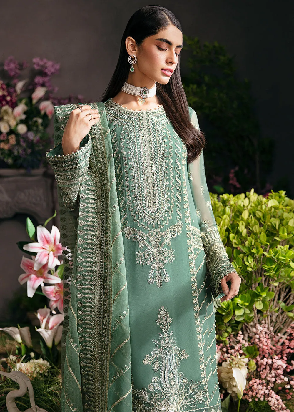 Green Pakistani Palazzo Suit - Afrozeh La Fuchsia Formals '23 - Sea Mist